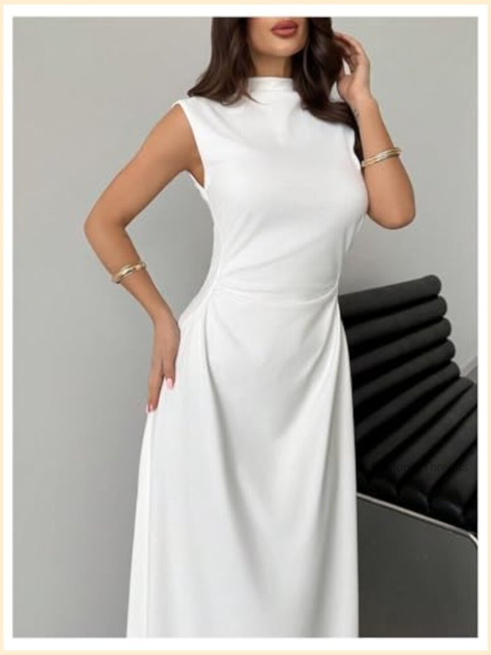 High Neck Ruched Maxi Dress Cinched Waist Slip Formal Cocktail Dress - Picture 3 of 5